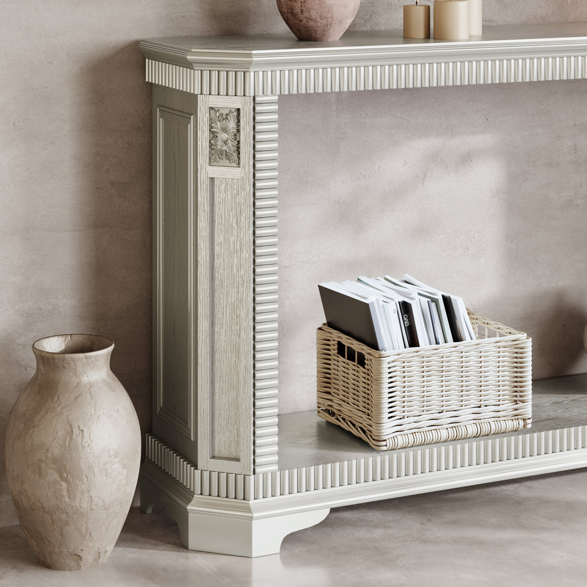 55-Inch Retro Carved Console Table, 2-Tier Open Storage, Champagne Silver