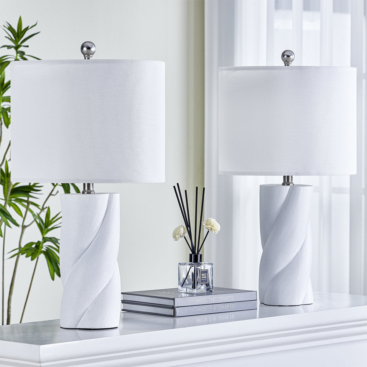 Modern Ceramic Table Lamp, 23.75 Inches, White, Set of 2
