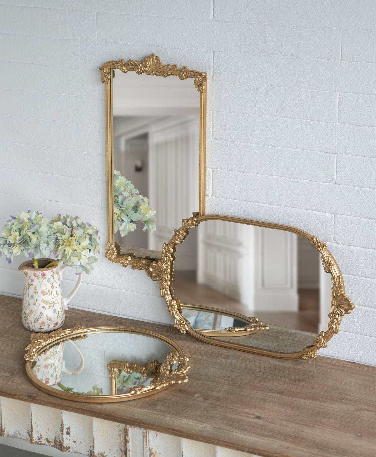 Decorative Mirror Tray with Gold Iron Frame and Floral Accents, 22.7 x 13.6 Inches