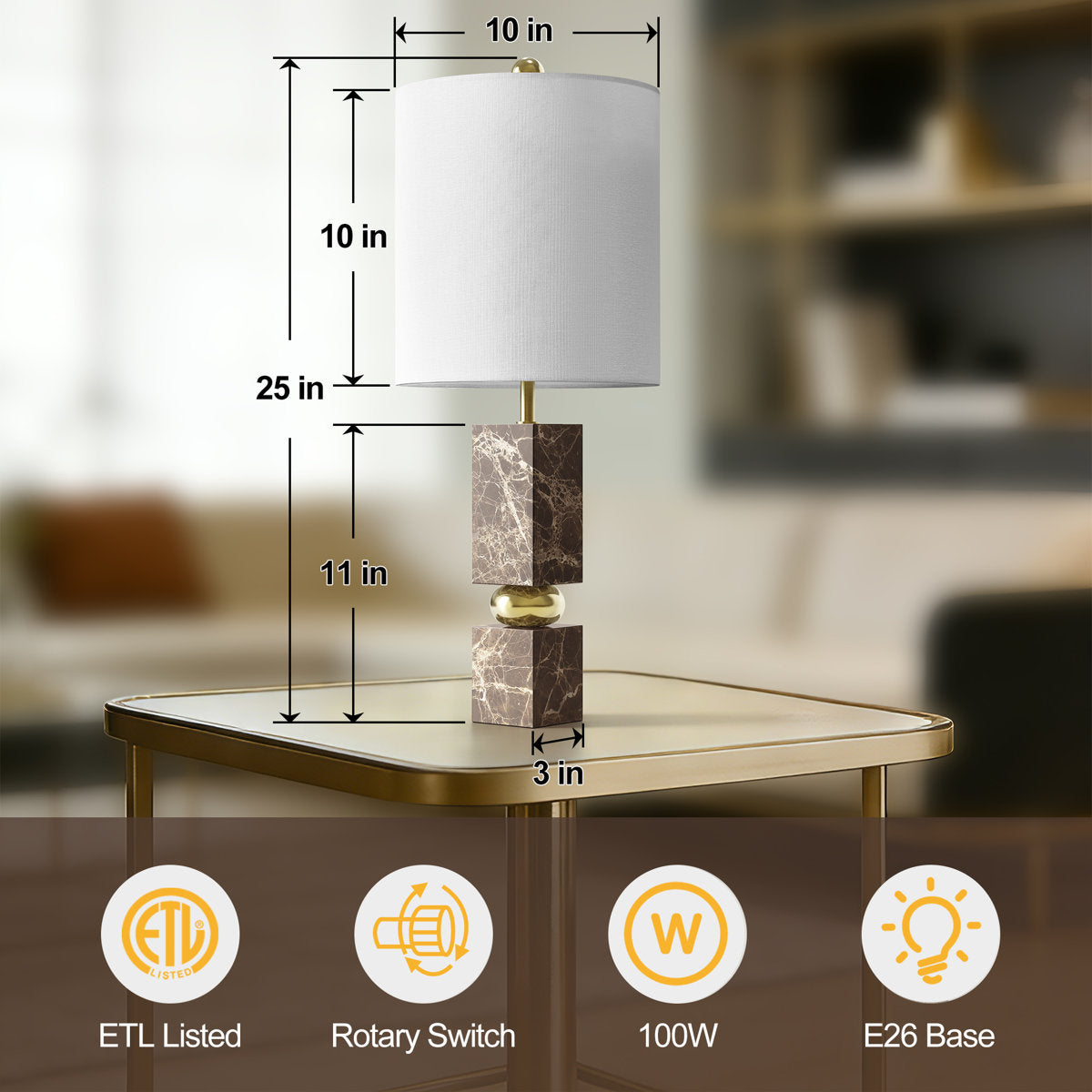 Modern Marble Table Lamp, 25-Inch, Pre-Assembled, Brown