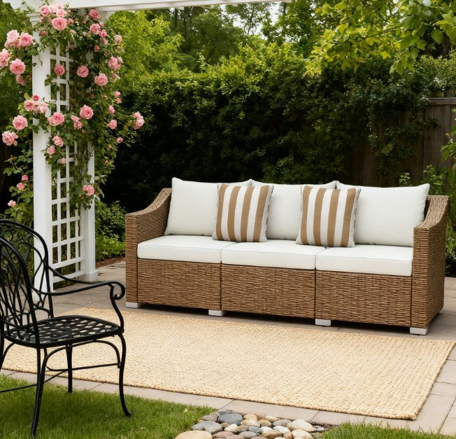 Outdoor Rattan Sofa with Cushions & Throw Pillows