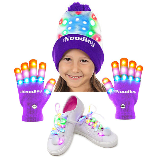 Purple LED Gloves, Light Up Shoe laces and Lighted Beanie Pom Hat Gift Set for Boys and Girls Kids Toys