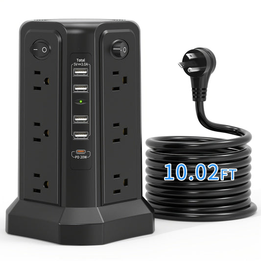Surge Protector Tower 1800J with 4 USB A Ports, USB C (PD18W) Port, 12 AC Outlets and 10FT Cord