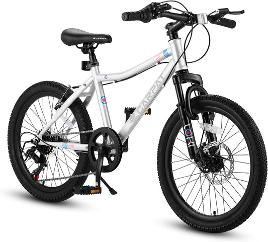 20-Inch White Kids' Mountain Bike – 7-Speed Front Suspension