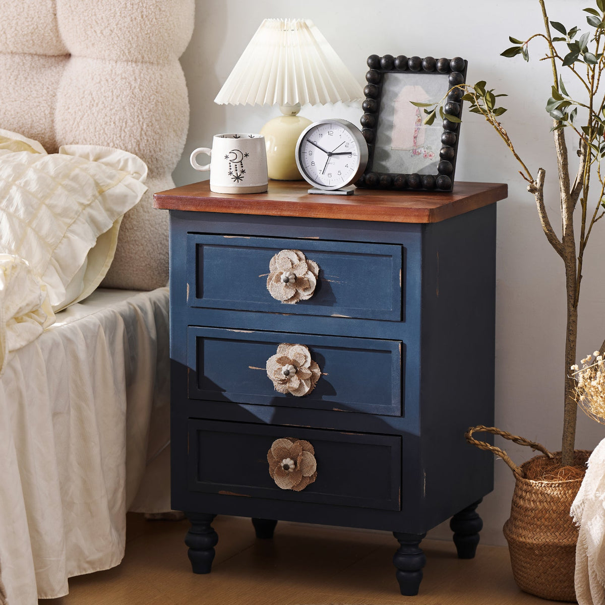 Vintage Farmhouse Nightstand with Floral Knobs, 3 Drawers, Antique Blue