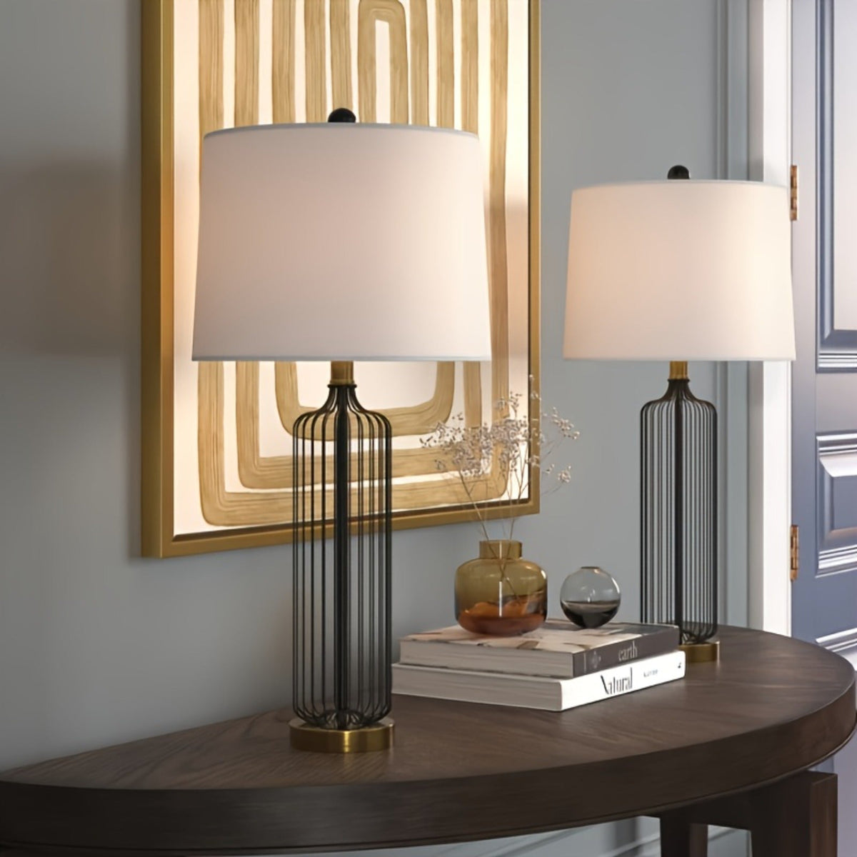 28-Inch Cage Table Lamp Set of 2, Black Metal with 3-Way Dimmable