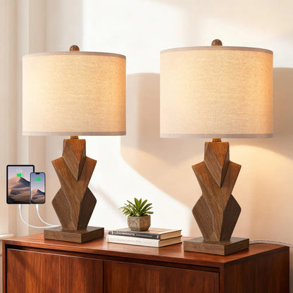 Farmhouse Table Lamps Set of 2, Wood Grain, 24.5-Inch, USB Charging