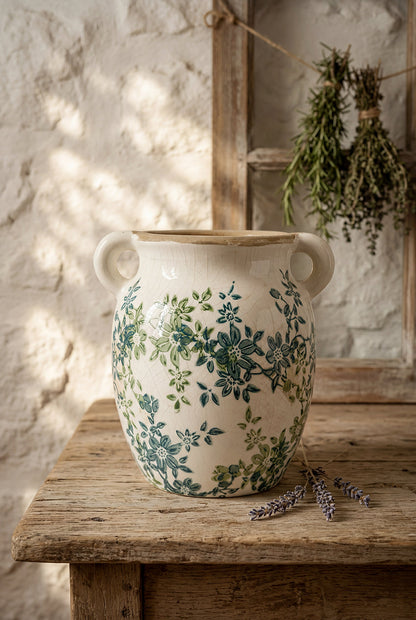Floral Twin-Handle Ceramic Vase, 7.5 x 6.3 x 7.7 Inches