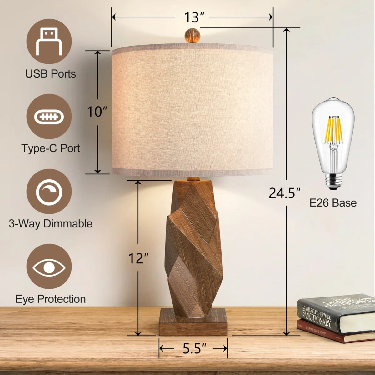 Farmhouse Table Lamps Set of 2, Wood Grain, 24.5-Inch, USB Charging