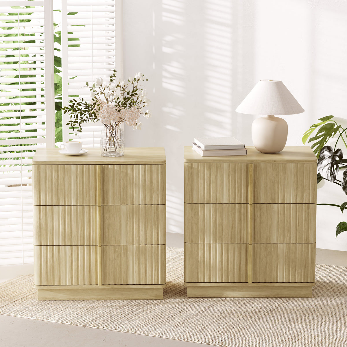 Vertical Stripe 3-Drawer Nightstand, Natural MDF, 25.39-Inch