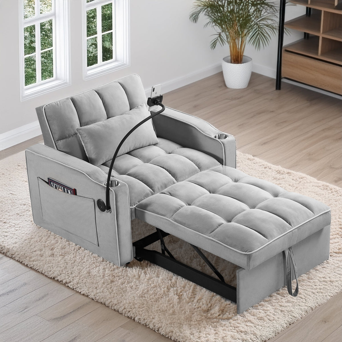Convertible Sleeper Chair Sofa Bed, Grey Velvet, Pull-Out Single Bed