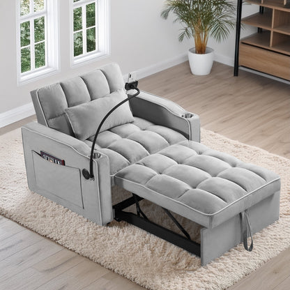 Convertible Sleeper Chair Sofa Bed, Grey Velvet, Pull-Out Single Bed