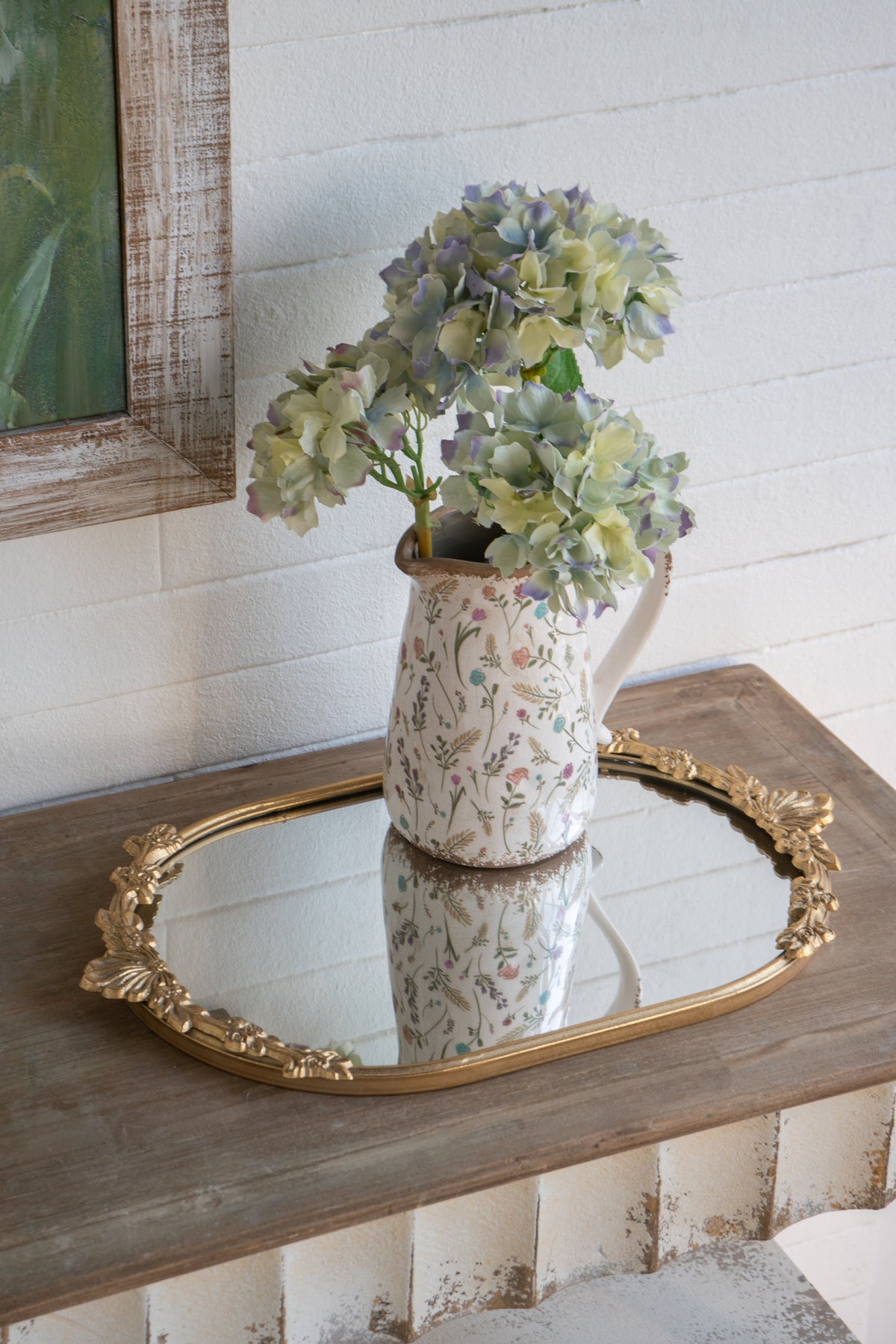 Decorative Mirror Tray with Gold Iron Frame and Floral Accents, 22.7 x 13.6 Inches