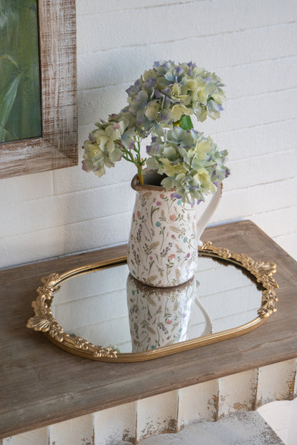 Decorative Mirror Tray with Gold Iron Frame and Floral Accents, 22.7 x 13.6 Inches
