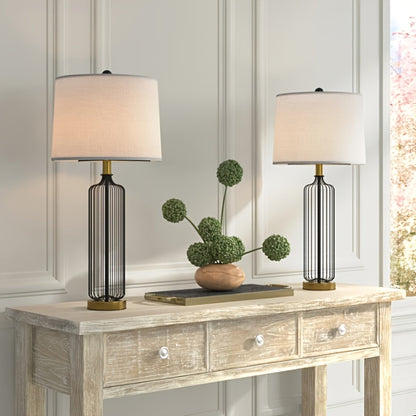 28-Inch Cage Table Lamp Set of 2, Black Metal with 3-Way Dimmable