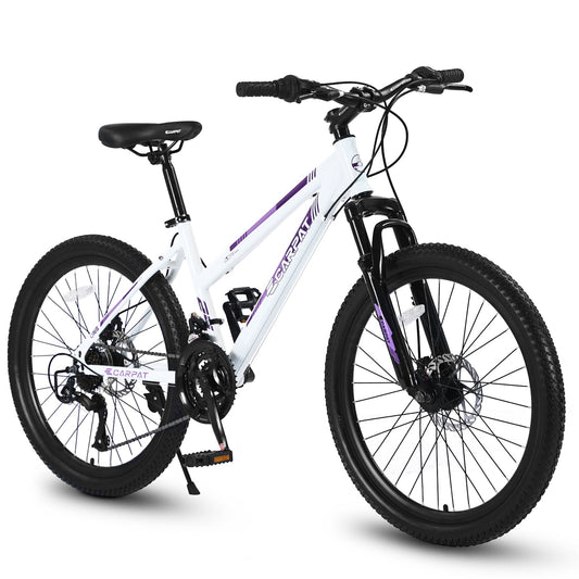 24" Women & Teen Mountain Bike (White/Pink) - Shimano 21-Speed, Dual Disc Brakes & 100mm Front Suspension