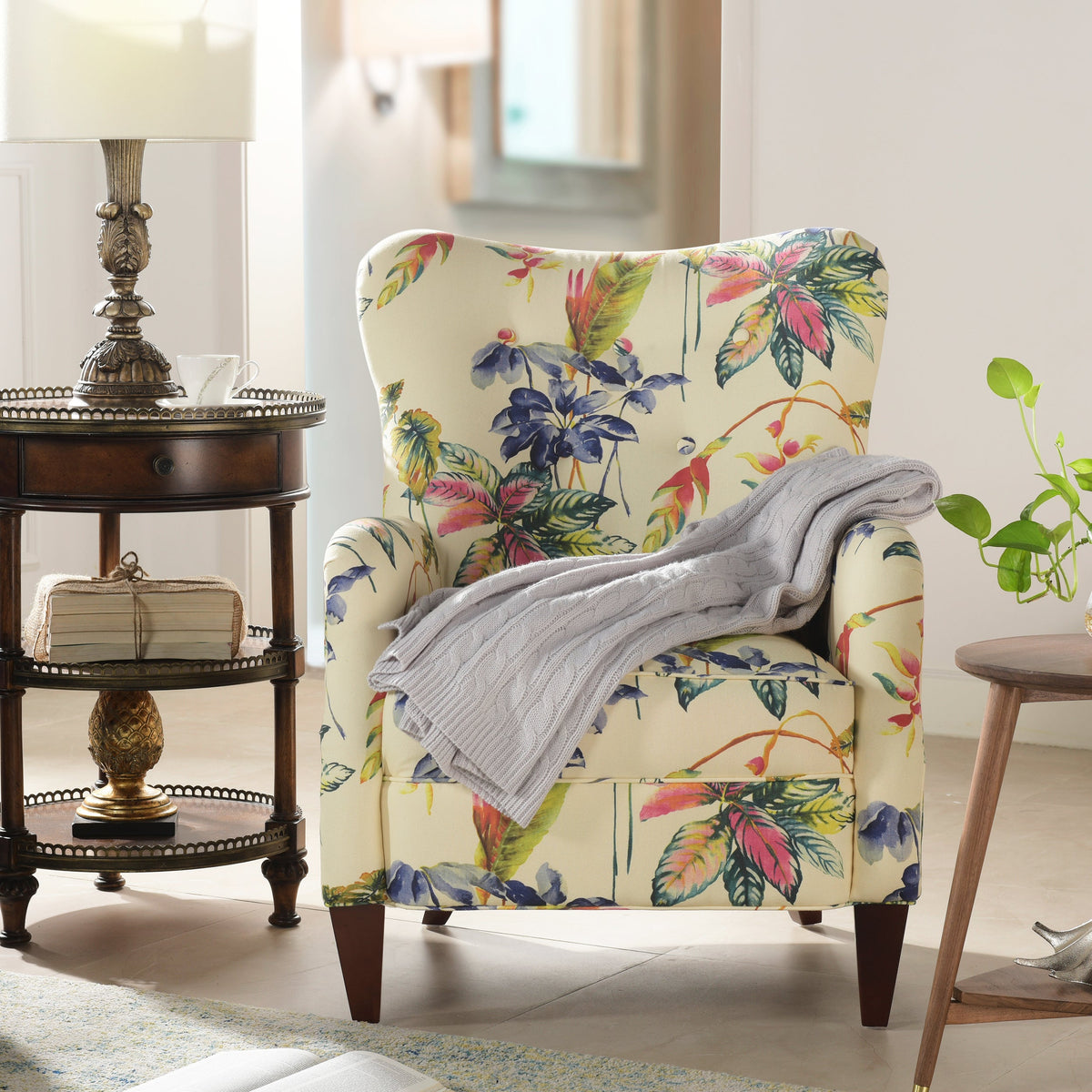 Paradise Upholstered Arm Chair, Off-White Floral, Beige Fabric
