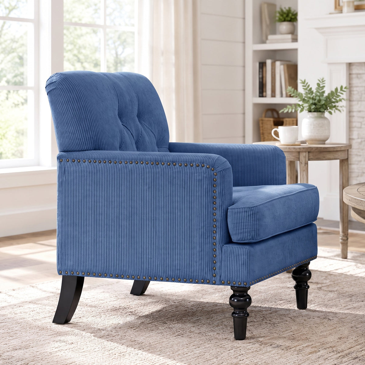 Modern Accent Chair, 26.5-Inch Wide, Blue Corduroy