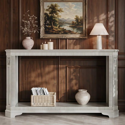 55-Inch Retro Carved Console Table, 2-Tier Open Storage, Champagne Silver