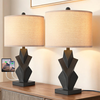 Modern Resin Table Lamp, 24.5-Inch, 3-Way Dimmable with USB and Type-C, Black, Set of 2
