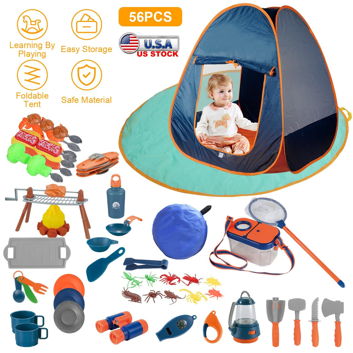 56Pcs Kids Camping Toy Set With Playtent Pretend Oil Lamp Telescope Bonfire Compass Role Play Camping Set For Over 3 Years Old Boy Girl Toddlers Campi