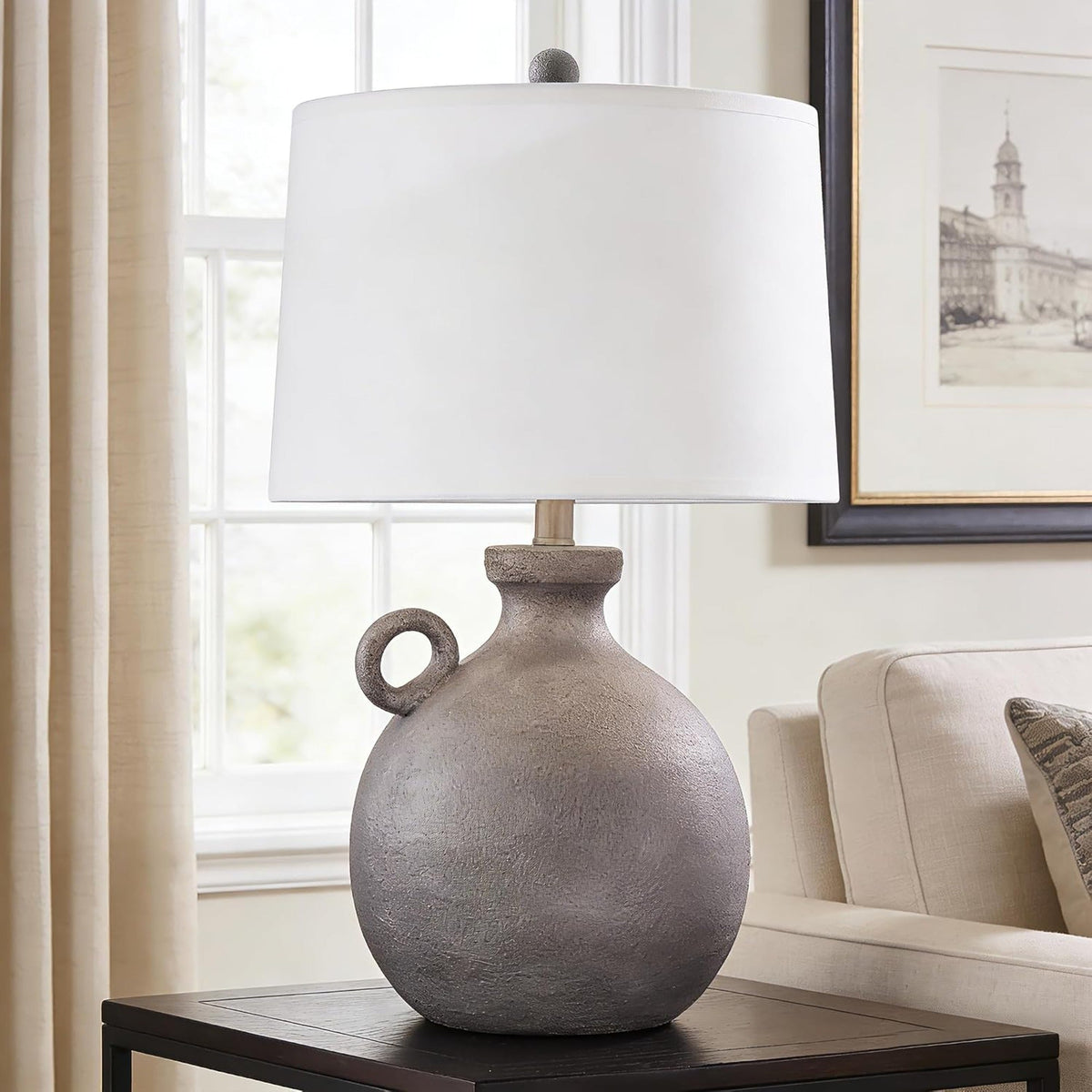 24-Inch Farmhouse Table Lamp, Resin Base with USB Port, Brown