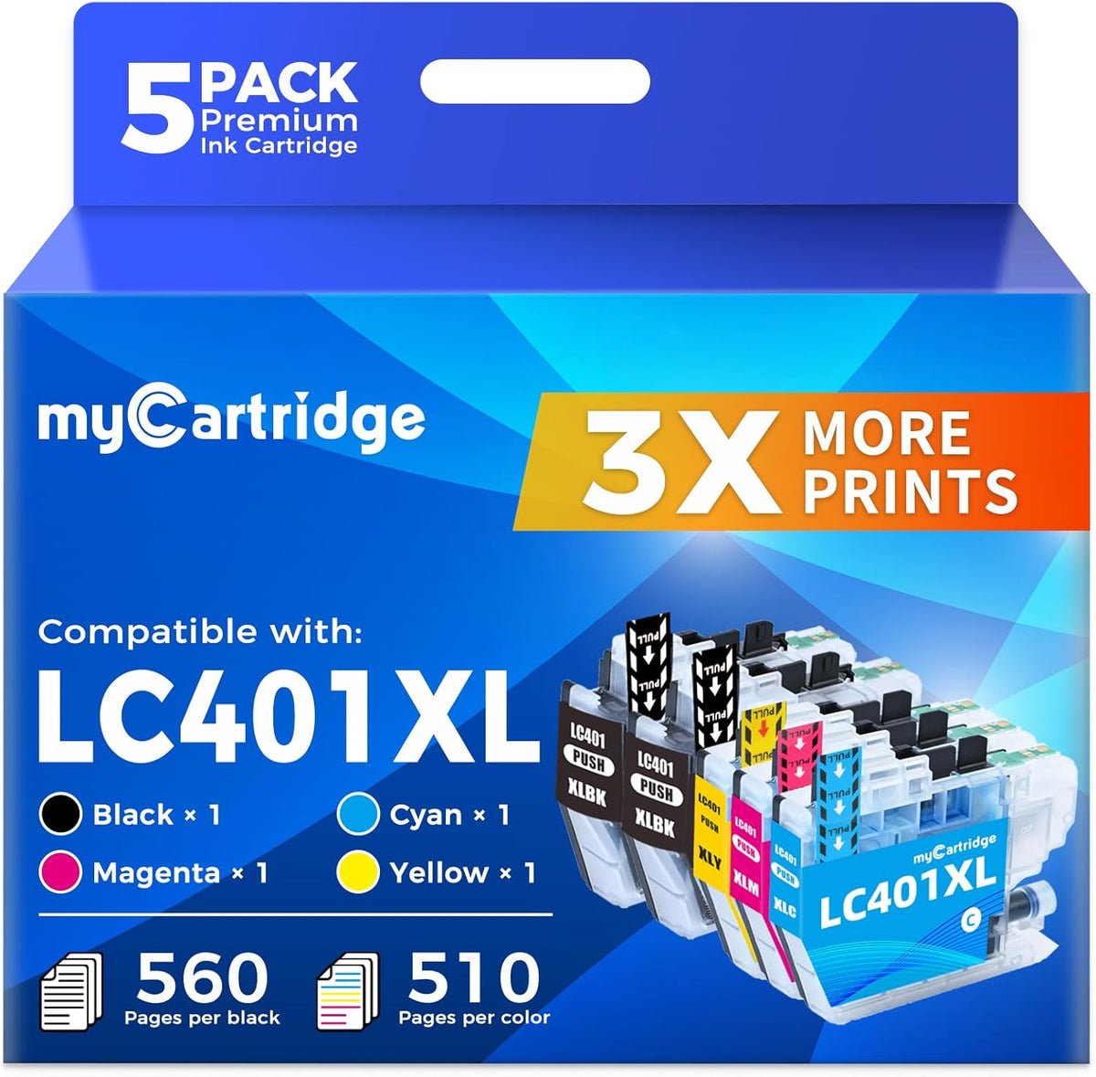 myCartridge Compatible Brother LC401XL Ink Cartridge 4-Pack (Black, Cyan, Yellow, Magenta) | MFC-J1010DW MFC-J1170DW MFC-J1012DW MFC-J1800DW | 560 Pages High Yield