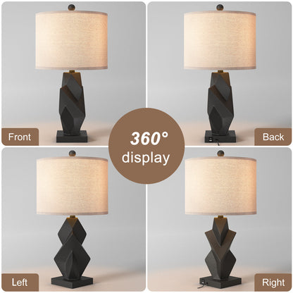 Modern Resin Table Lamp, 24.5-Inch, 3-Way Dimmable with USB and Type-C, Black, Set of 2