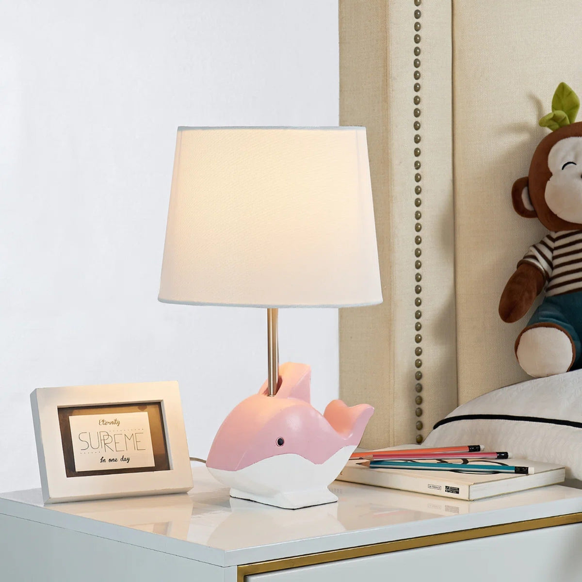 15-Inch Dolphin Table Lamp, Pink Resin Base with White Linen Shade