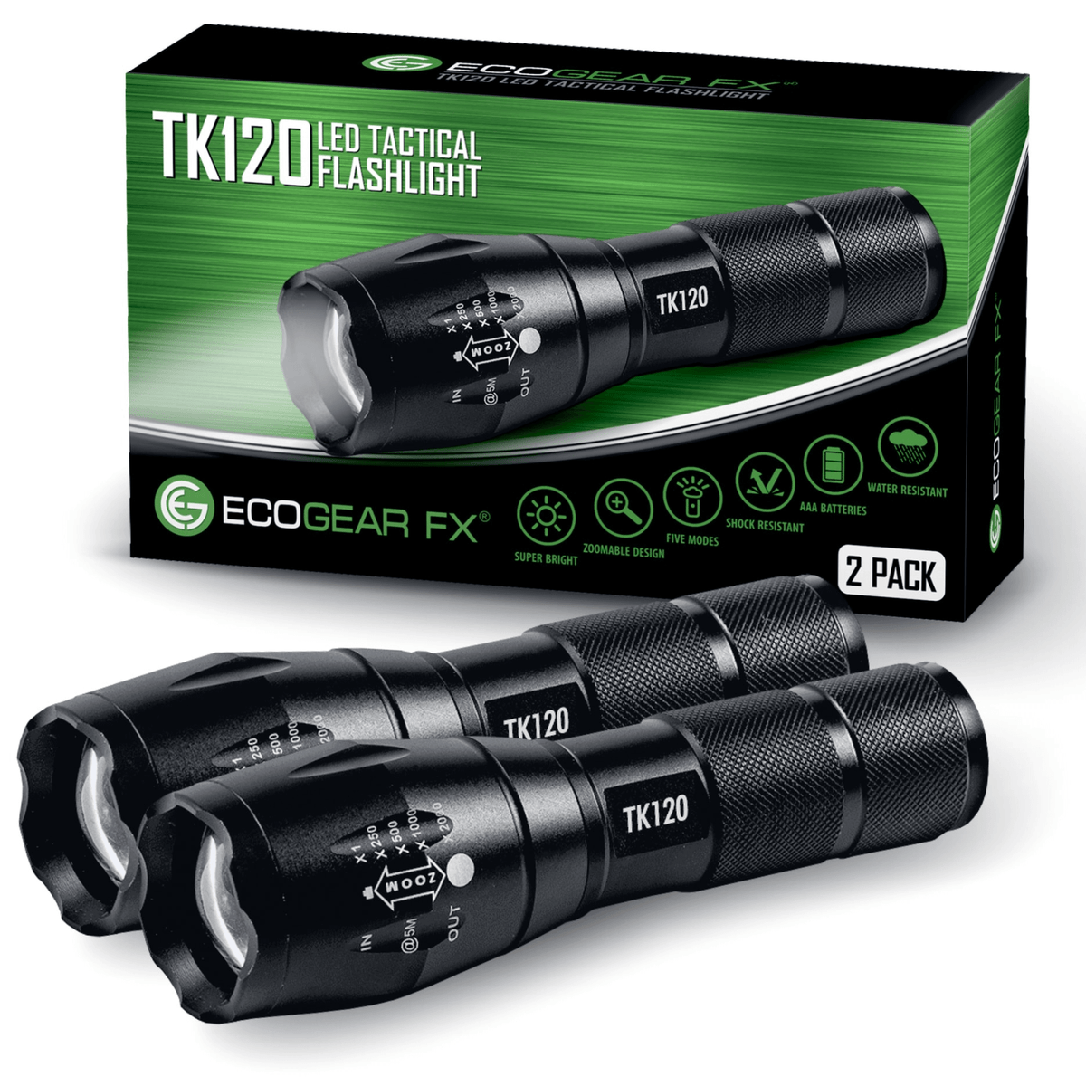 EcoGear FX TK120 LED Tactical Flashlight with Strobe 2-Pack