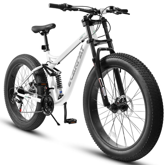 26-Inch White Fat Tire Mountain Bicycle – 21-Speed, Full Suspension