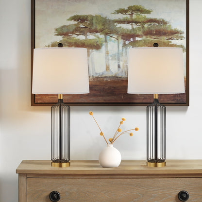 28-Inch Cage Table Lamp Set of 2, Black Metal with 3-Way Dimmable