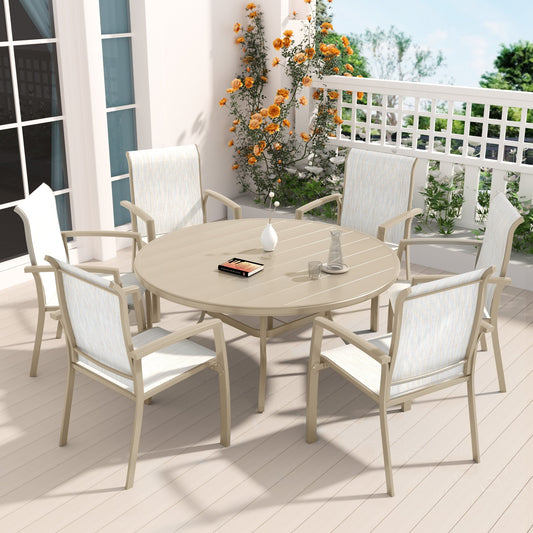 7-Piece Round Metal Patio Dining Set with 6 Stackable Chairs