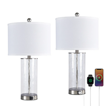 Modern Nickel Glass and Metal Table Lamp Set of 2 with USB, 23.25-Inch