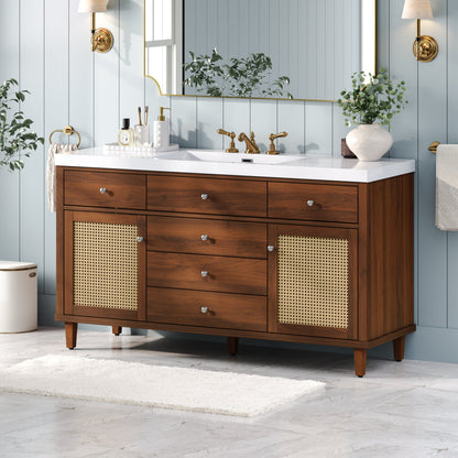 60-Inch Bathroom Vanity with SMC Sink, Brown Solid Wood and MDF, Soft-Close Drawers