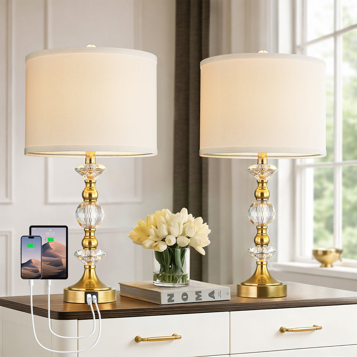 Crystal Table Lamp with 3-Way Dimmable Light and USB Type-C Ports, Set of 2, Antique Bronze