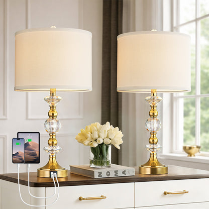 Crystal Table Lamp with 3-Way Dimmable Light and USB Type-C Ports, Set of 2, Antique Bronze