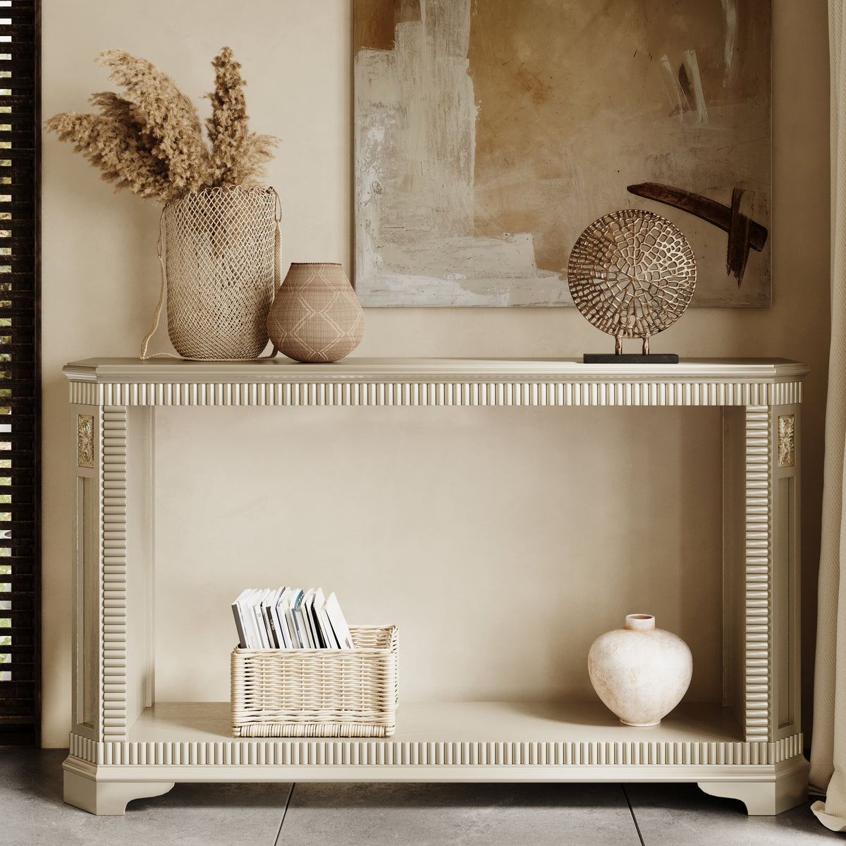 55-Inch Retro Carved Console Table, 2-Tier Open Storage, Champagne Silver