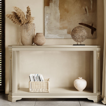 55-Inch Retro Carved Console Table, 2-Tier Open Storage, Champagne Silver