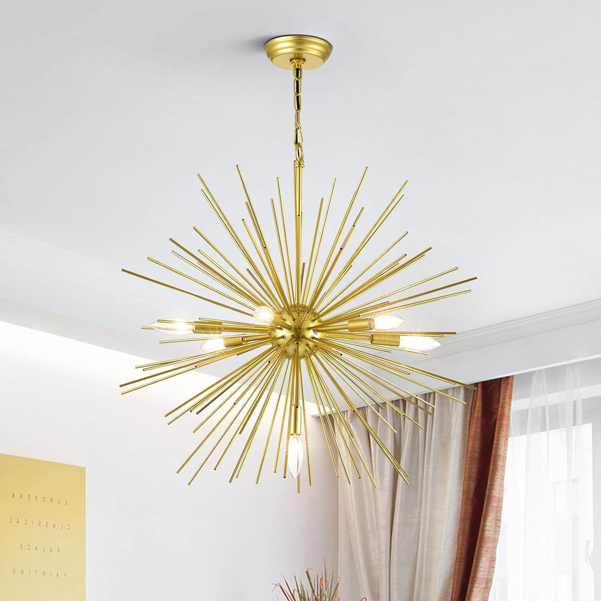 Gold Sputnik Chandelier, 7-Light Mid-Century Modern Starburst, 25.6 Inch