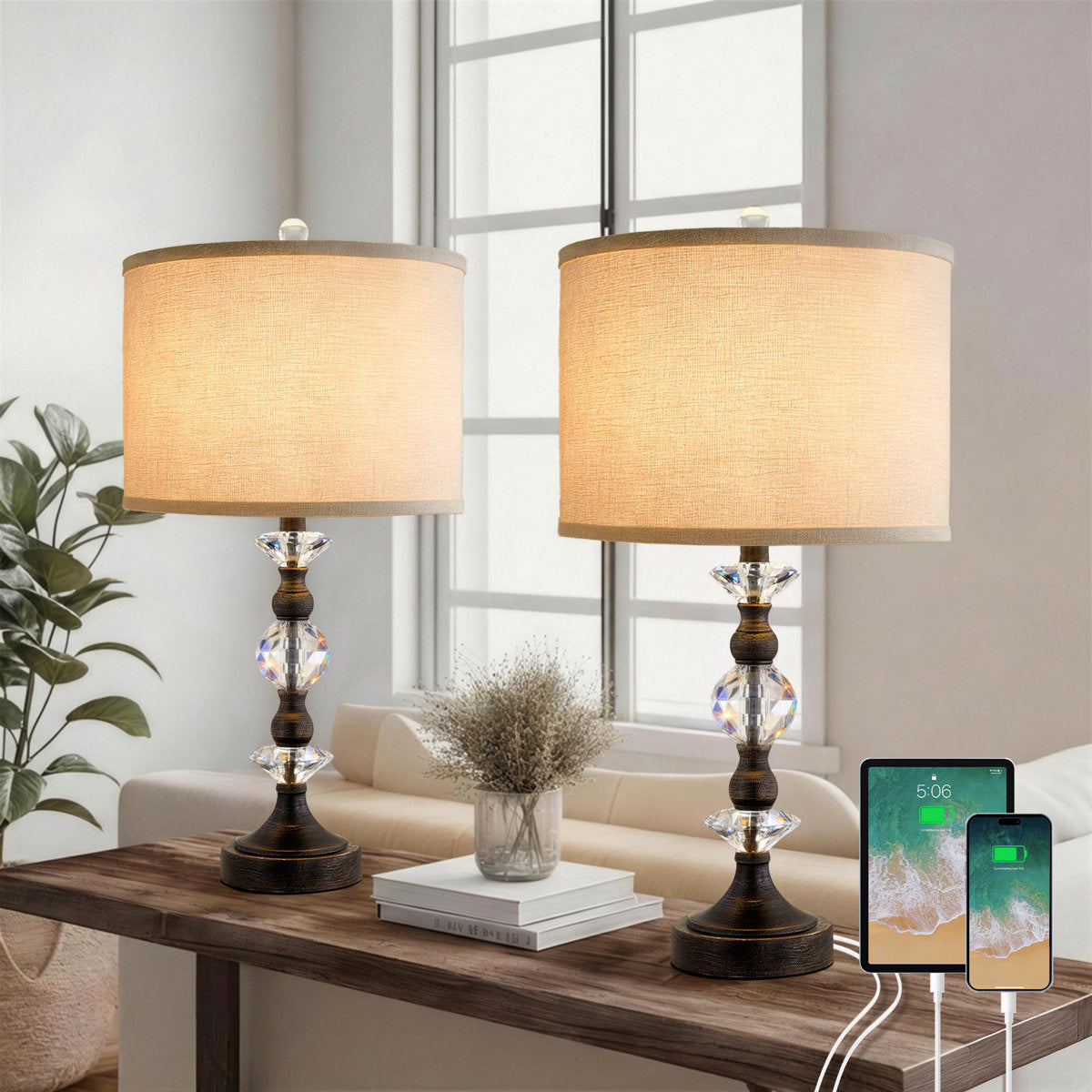 Crystal Table Lamp with 3-Way Dimmable Light and USB Type-C Ports, Set of 2, Antique Bronze