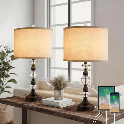 Crystal Table Lamp with 3-Way Dimmable Light and USB Type-C Ports, Set of 2, Antique Bronze