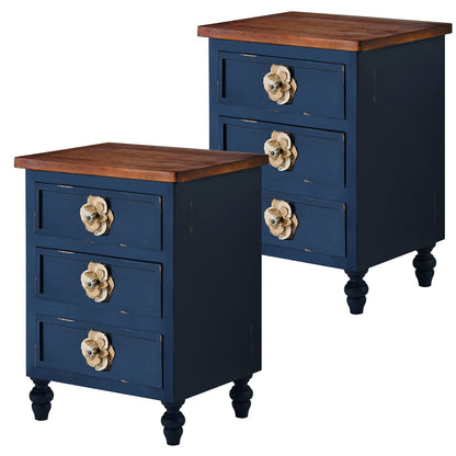 Vintage Farmhouse Nightstand with Floral Knobs, 3 Drawers, Antique Blue