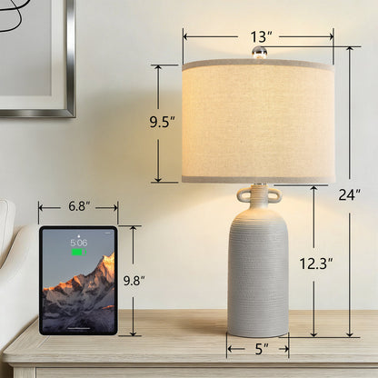 24-Inch Dimmable Ceramic Table Lamp Set with Linen Drum Shades, Gray, Set of 2