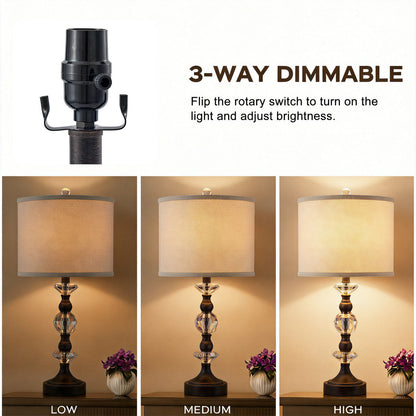 Crystal Table Lamp with 3-Way Dimmable Light and USB Type-C Ports, Set of 2, Antique Bronze