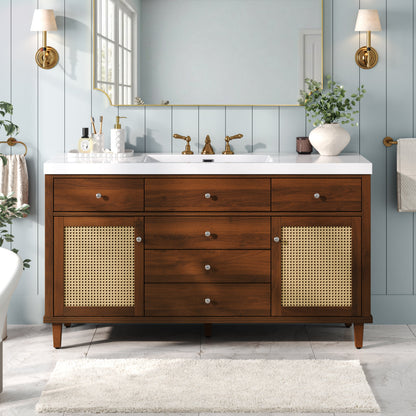 60-Inch Bathroom Vanity with SMC Sink, Brown Solid Wood and MDF, Soft-Close Drawers