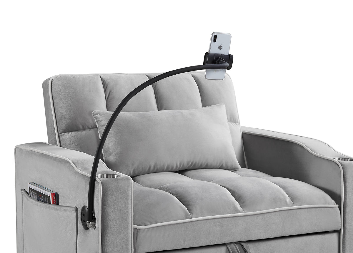 Convertible Sleeper Chair Sofa Bed, Grey Velvet, Pull-Out Single Bed