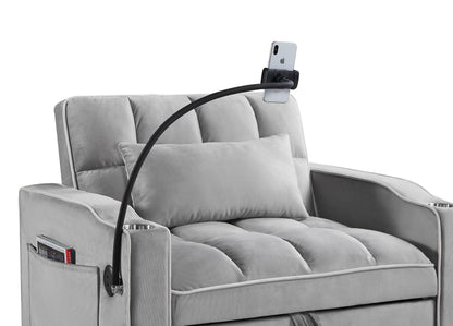 Convertible Sleeper Chair Sofa Bed, Grey Velvet, Pull-Out Single Bed