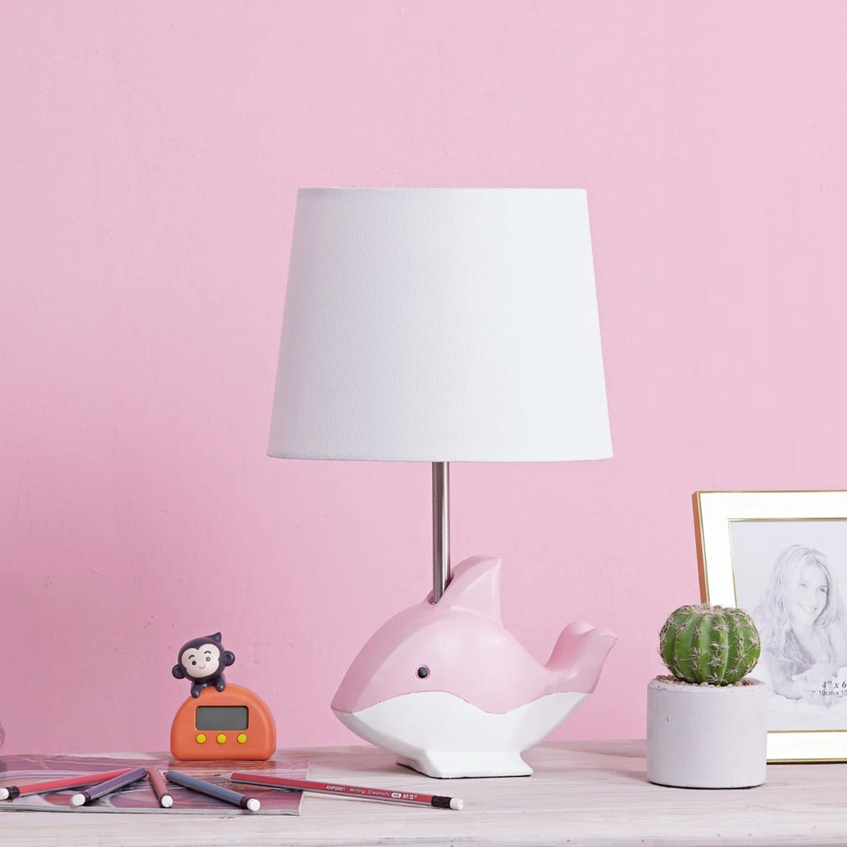 15-Inch Dolphin Table Lamp, Pink Resin Base with White Linen Shade