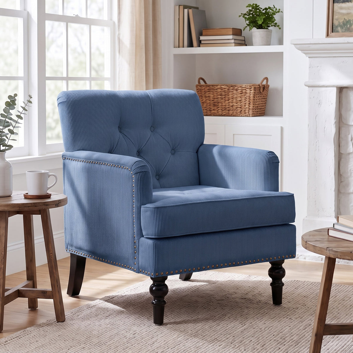 Modern Accent Chair, 26.5-Inch Wide, Blue Corduroy